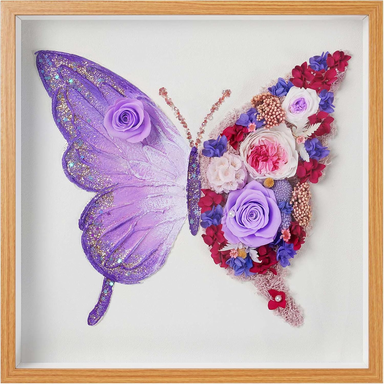 ADDWel preserved rose butterfly shadow box with purple butterfly and floral frame