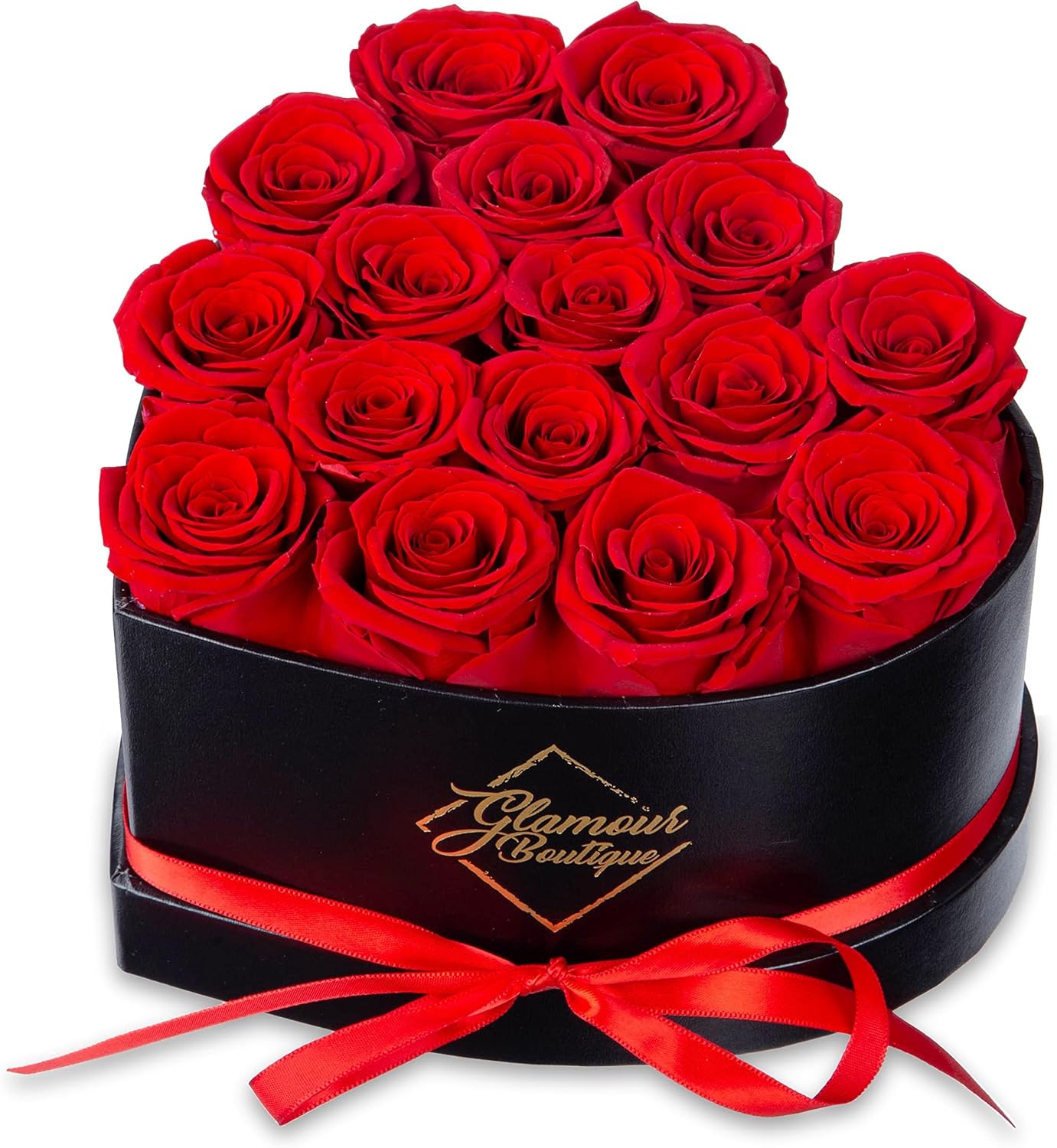 Glamour Boutique 16 red forever roses in a black heart-shaped gift box