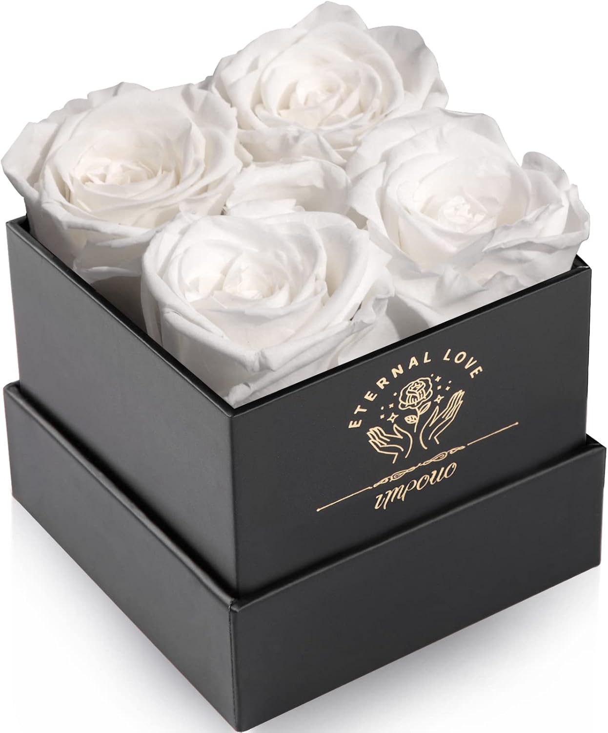 Impouo 4 white preserved roses in a black square gift box