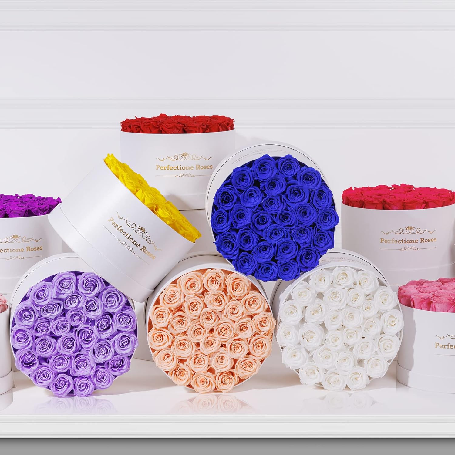 Perfectione preserved roses in round white boxes in multiple colors for a Mother’s Day gift